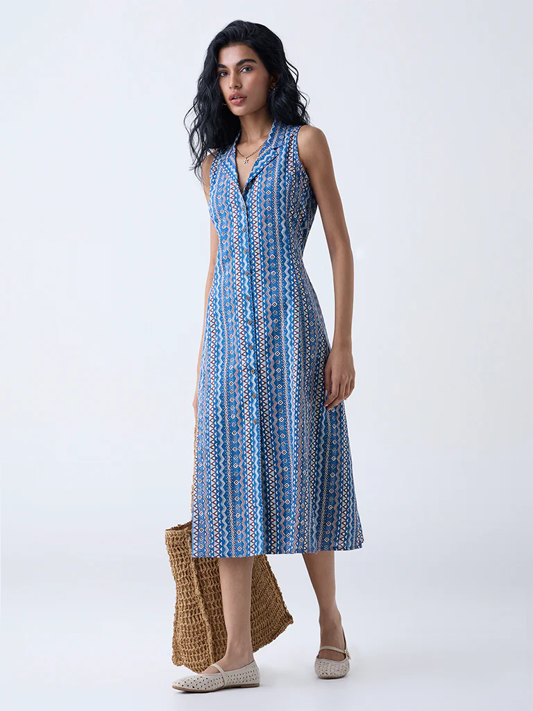 Bombay Paisley Blue Aztec Printed Cotton-Blend Shirt Dress - Image 2