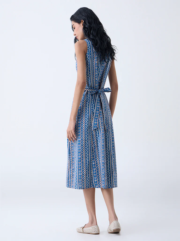 Bombay Paisley Blue Aztec Printed Cotton-Blend Shirt Dress - Image 4
