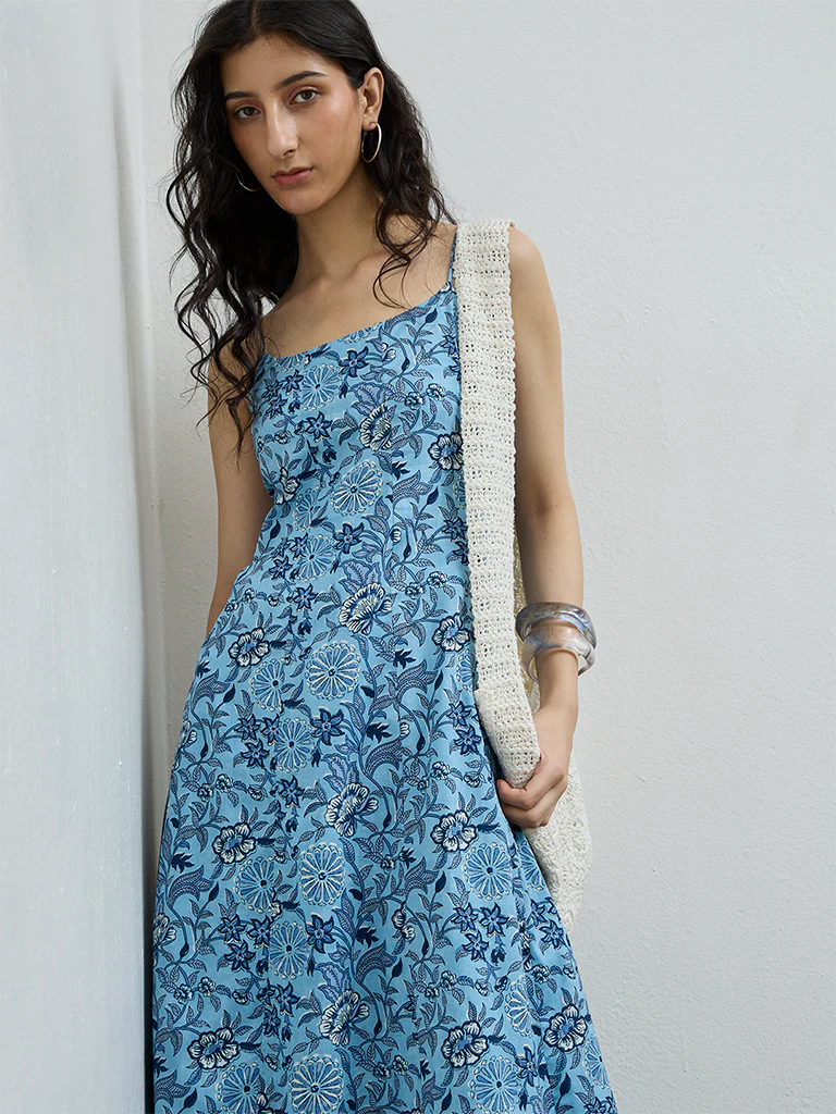 Bombay Paisley Blue Botanical Printed Cotton-Blend A-Line Dress - Image 2