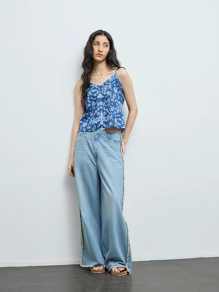 Bombay Paisley Blue Botanical Printed Cotton Top - Image 2