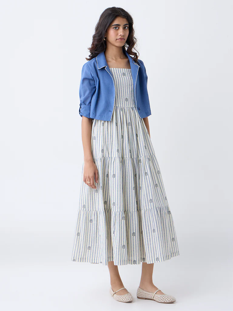 Bombay Paisley Blue Cotton Tiered Dress with Jacket - Image 2