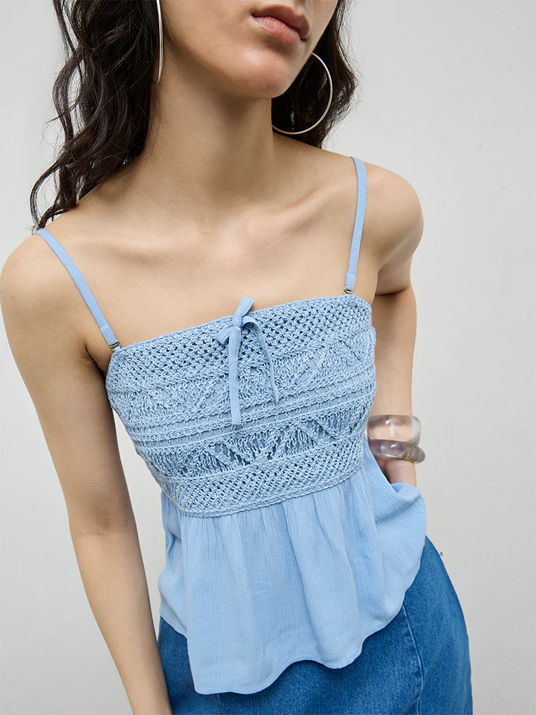 Bombay Paisley Blue Crochet Cotton-Blend Top - Image 3