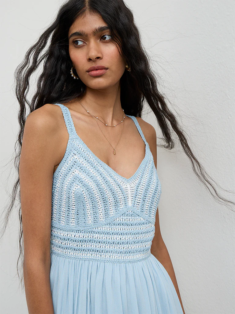 Bombay Paisley Blue Crochet-Design Cotton-Blend A-Line Dress - Image 3