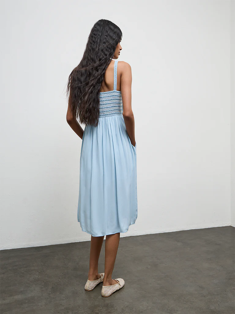 Bombay Paisley Blue Crochet-Design Cotton-Blend A-Line Dress - Image 4