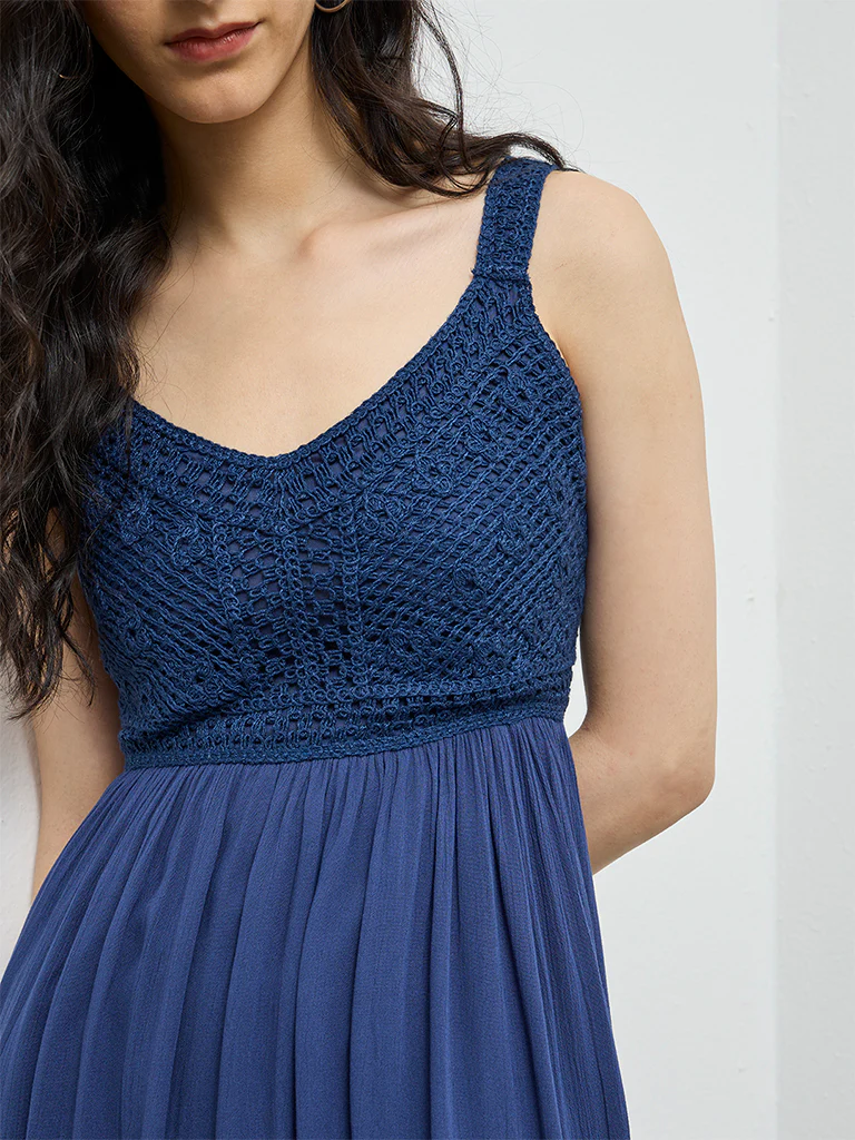 Bombay Paisley Blue Crochet Knitted A-Line Dress - Image 3