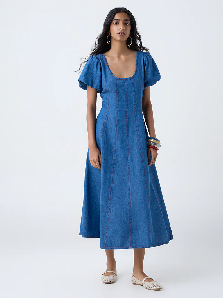 Bombay Paisley Blue Denim A-Line Dress - Image 2