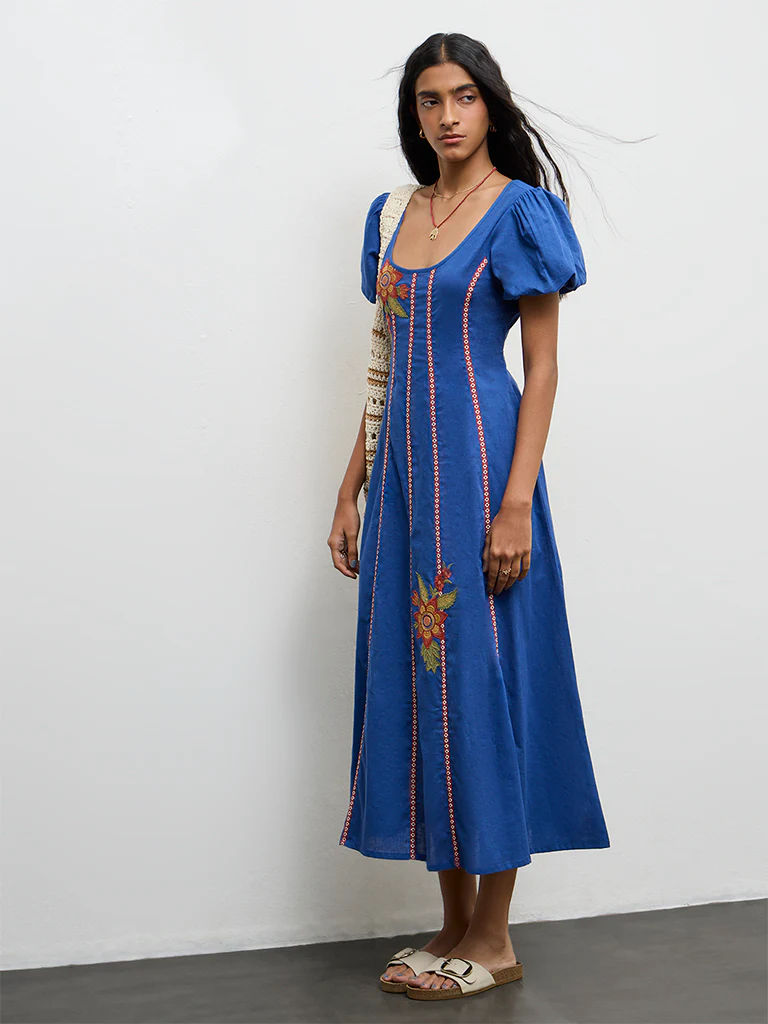 Bombay Paisley Blue Embroidered Cotton-Blend A-Line Dress - Image 2