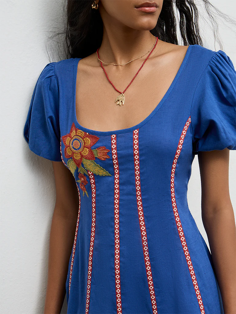 Bombay Paisley Blue Embroidered Cotton-Blend A-Line Dress - Image 3