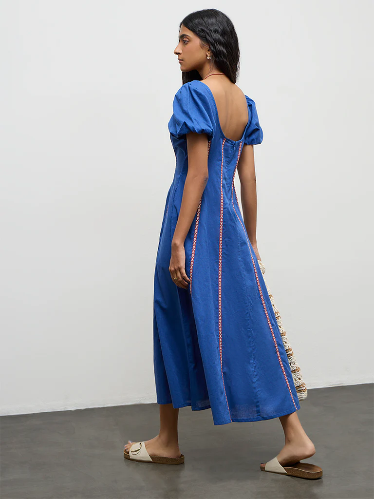 Bombay Paisley Blue Embroidered Cotton-Blend A-Line Dress - Image 4