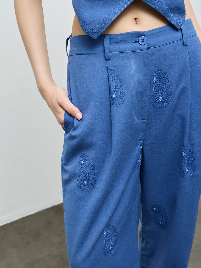 Bombay Paisley Blue Embroidered Cotton-Blend Palazzos - Image 3
