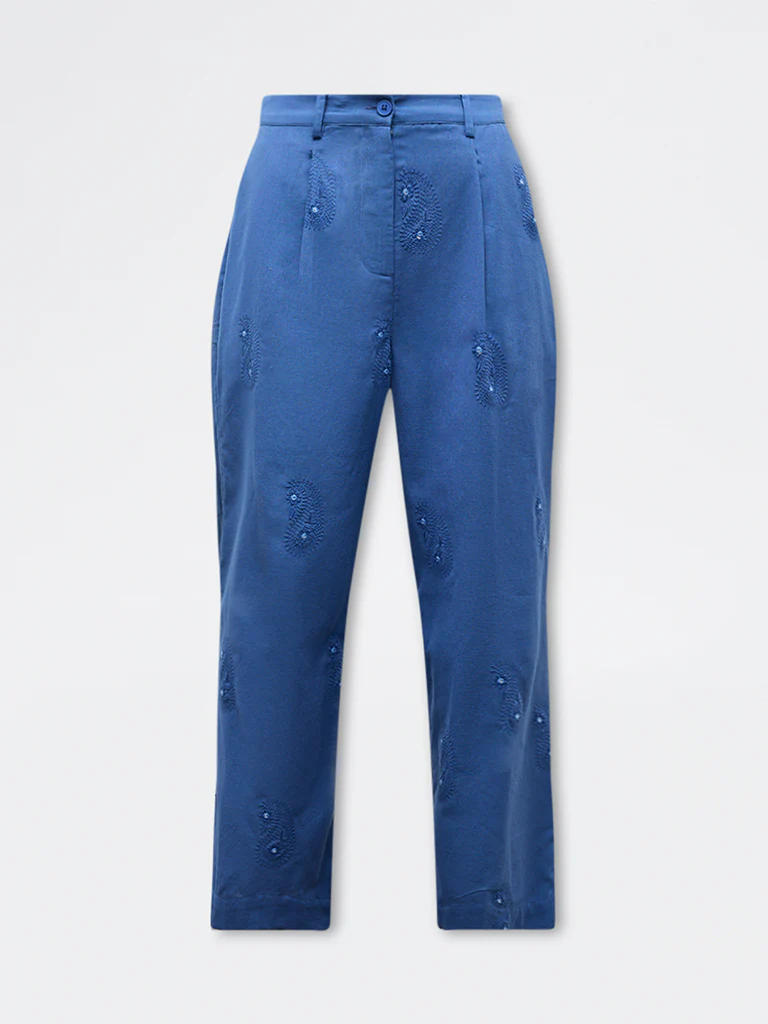 Bombay Paisley Blue Embroidered Cotton-Blend Palazzos - Image 5