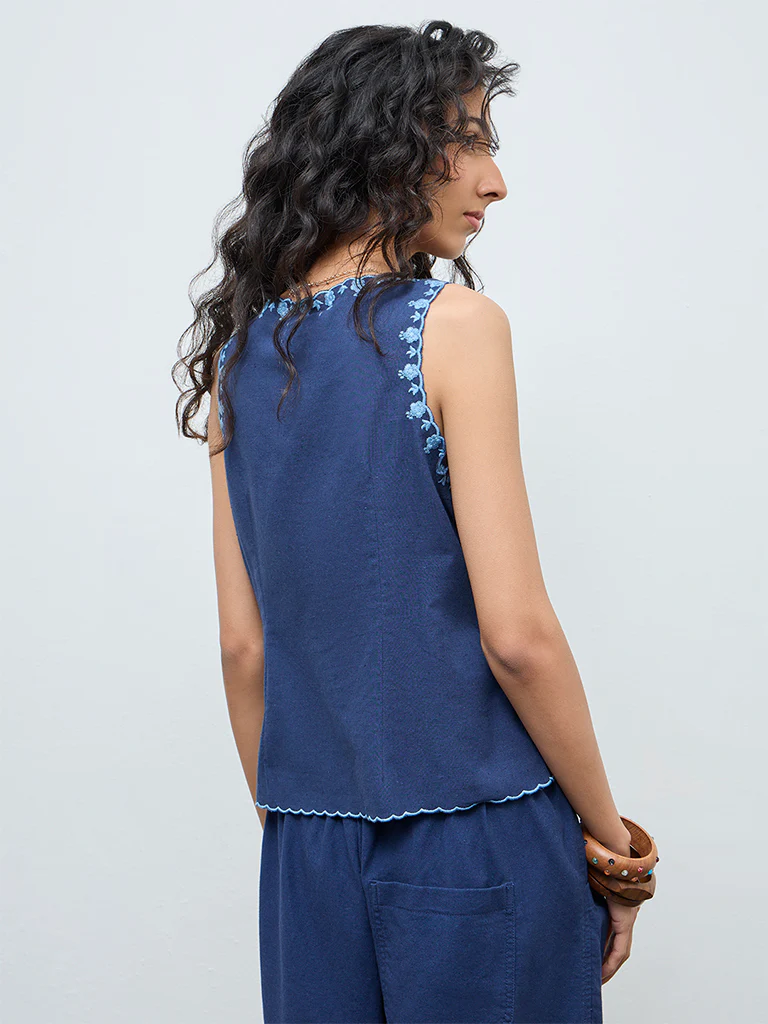Bombay Paisley Blue Embroidered Cotton-Blend Top - Image 4