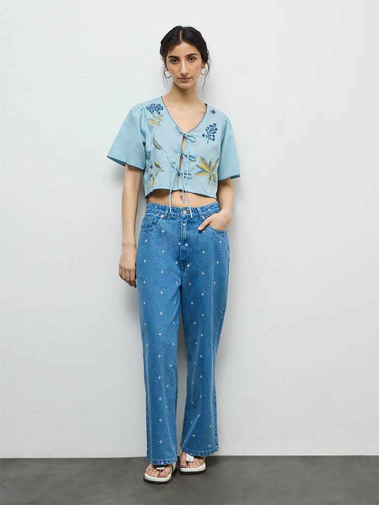 Bombay Paisley Blue Embroidered Cotton-Blend Top