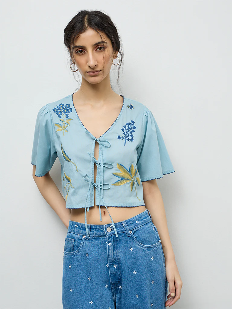 Bombay Paisley Blue Embroidered Cotton-Blend Top - Image 2