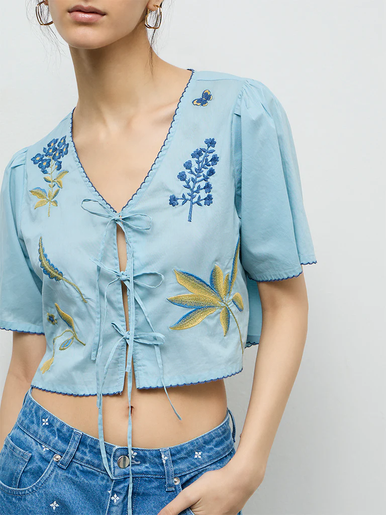 Bombay Paisley Blue Embroidered Cotton-Blend Top - Image 3