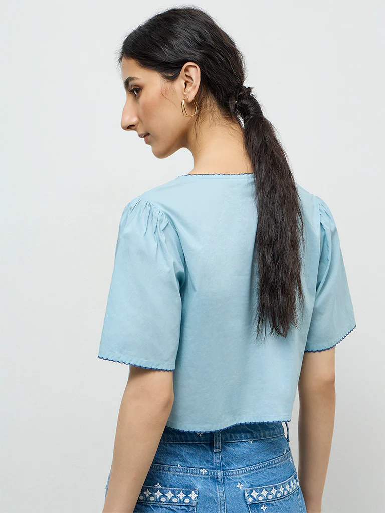 Bombay Paisley Blue Embroidered Cotton-Blend Top - Image 4