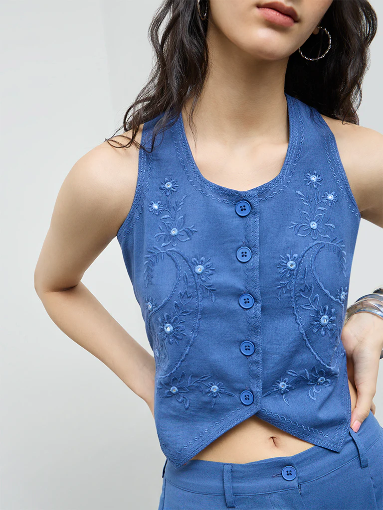 Bombay Paisley Blue Embroidered Cotton-Blend Waistcoat Top - Image 3