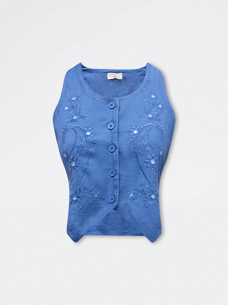 Bombay Paisley Blue Embroidered Cotton-Blend Waistcoat Top - Image 5