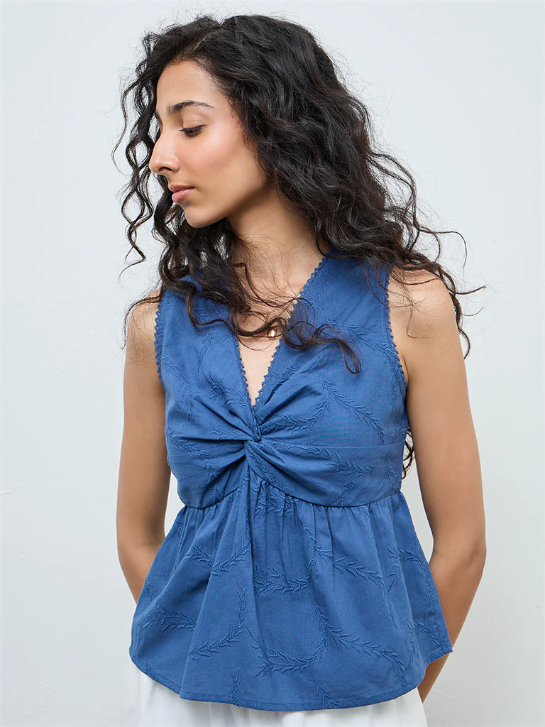 Bombay Paisley Blue Embroidered Cotton Top - Image 2