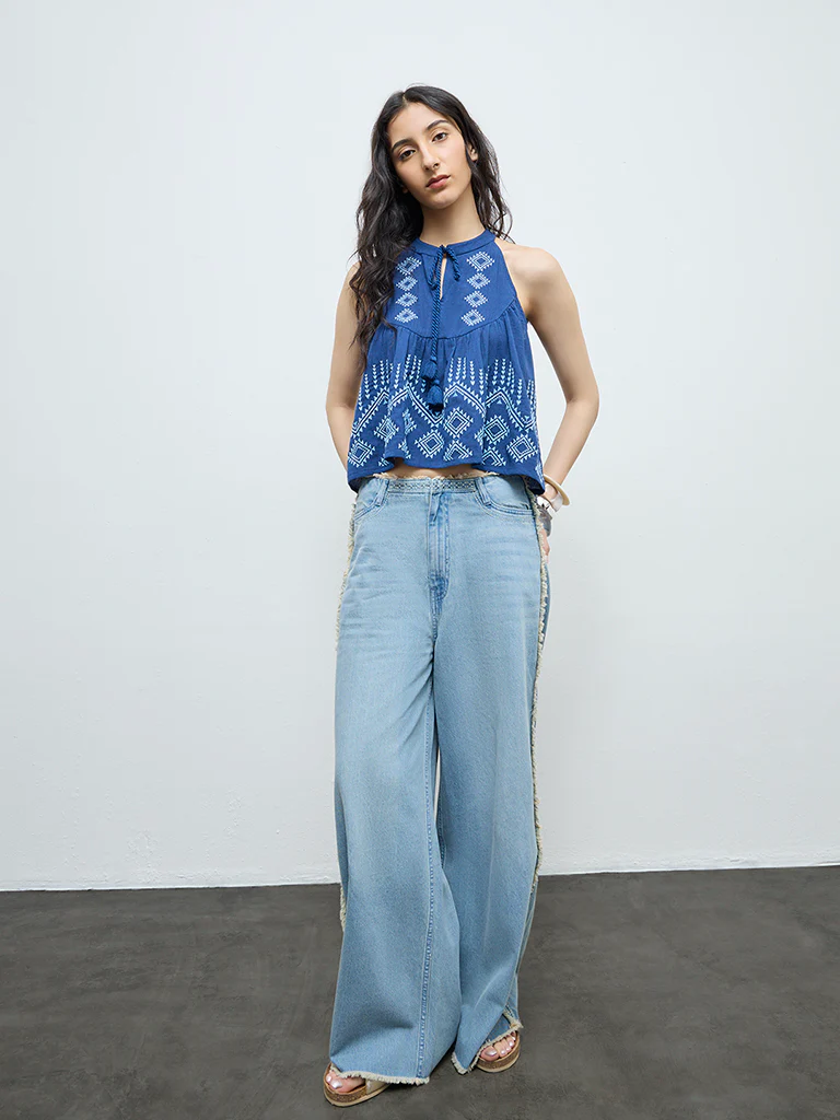 Bombay Paisley Blue Embroidered Cotton Top - Image 2