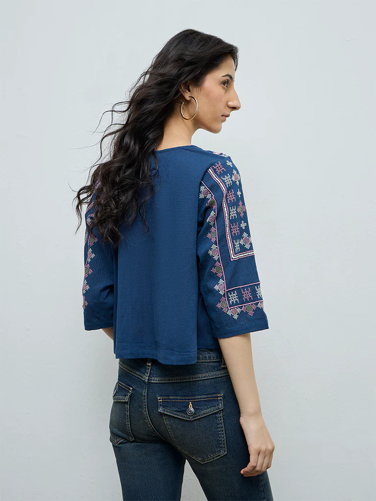 Bombay Paisley Blue Embroidered Cotton Top - Image 4