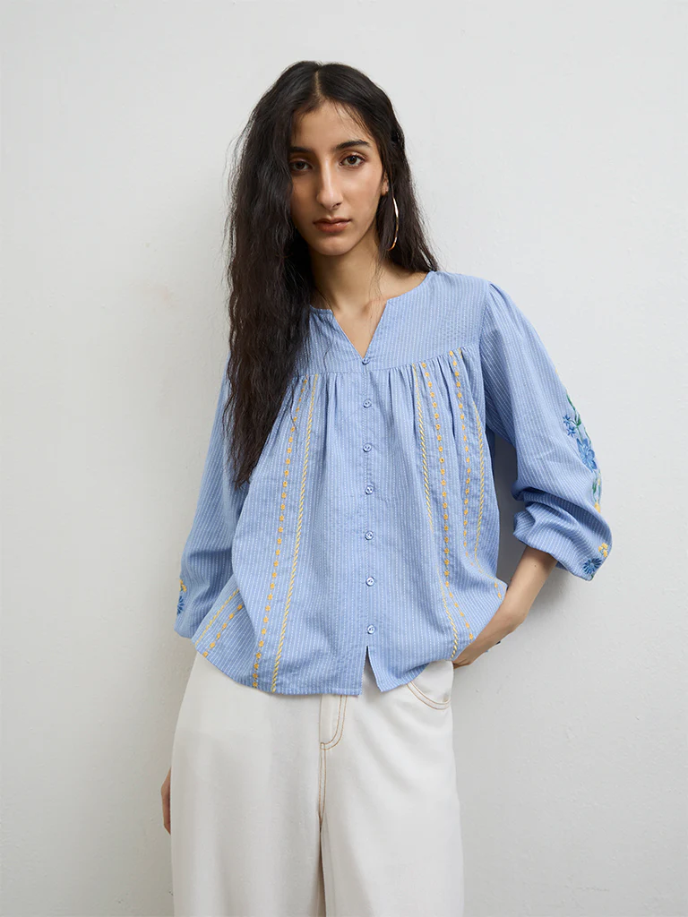 Bombay Paisley Blue Embroidered Cotton Top