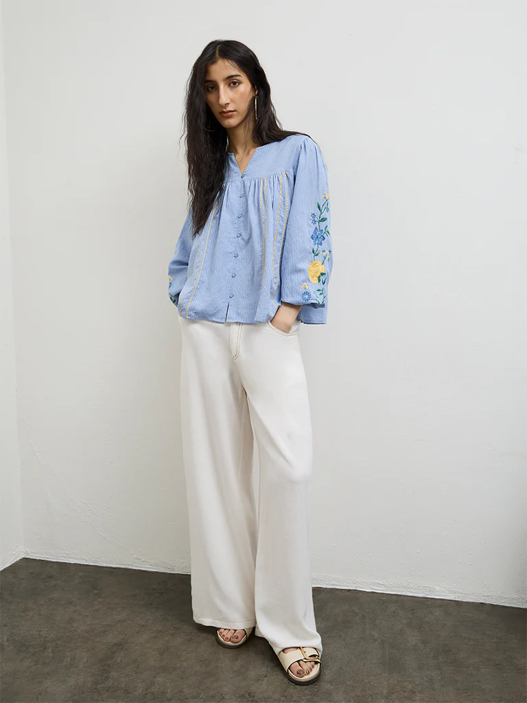 Bombay Paisley Blue Embroidered Cotton Top - Image 2