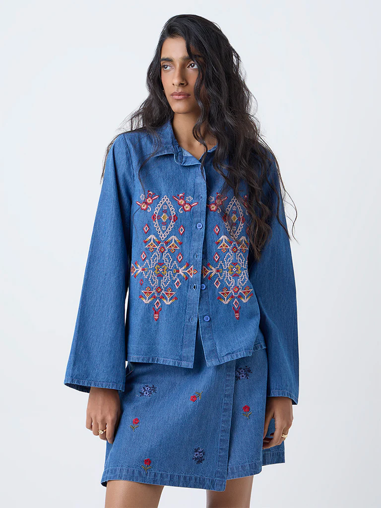 Bombay Paisley Blue Embroidered Denim Shirt - Image 2
