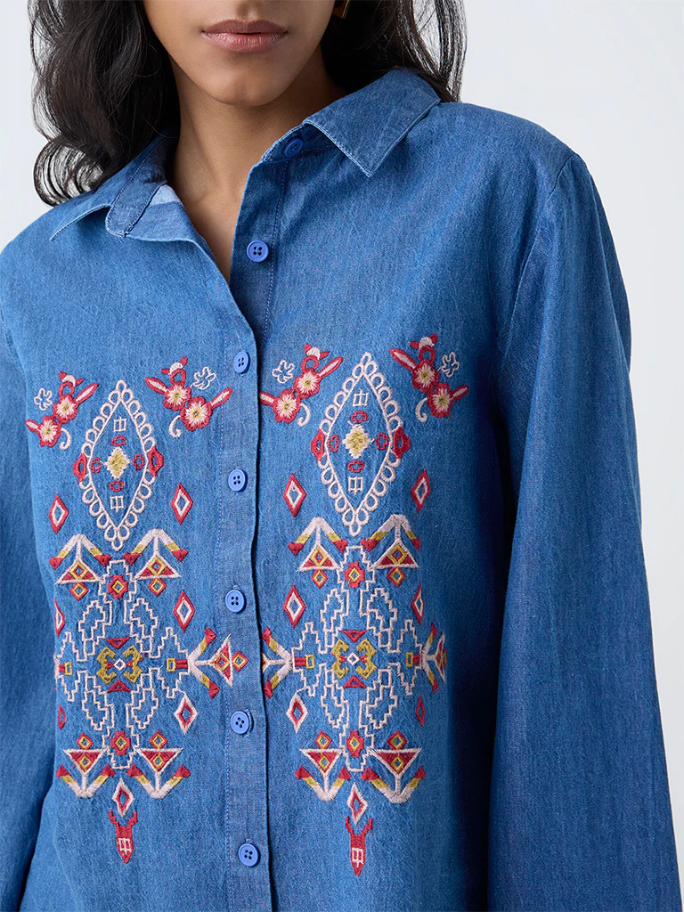 Bombay Paisley Blue Embroidered Denim Shirt - Image 3