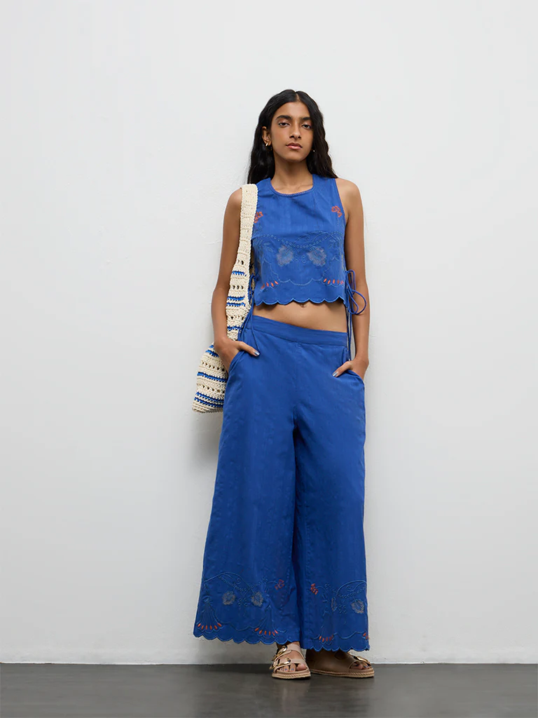 Bombay Paisley Blue Embroidered High-Rise Cotton Pants - Image 2