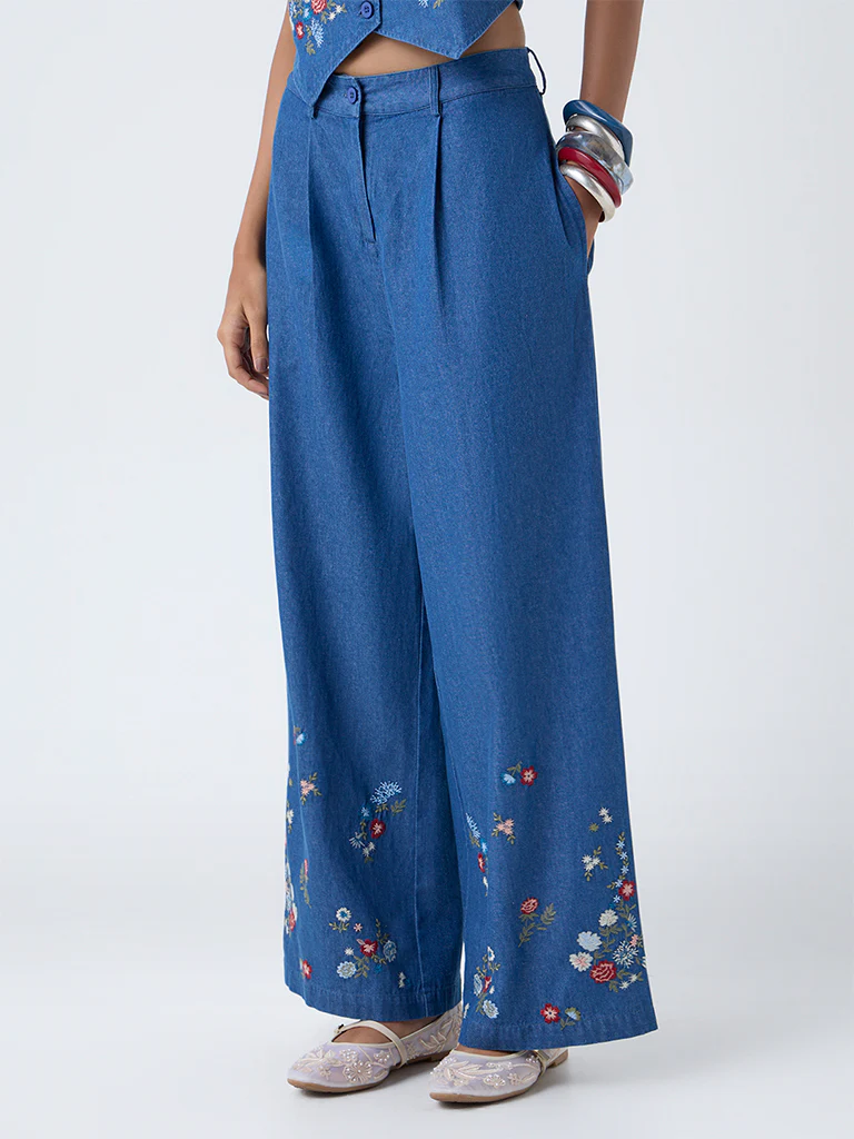 Bombay Paisley Blue Embroidered High-Rise Denim Pants - Image 2
