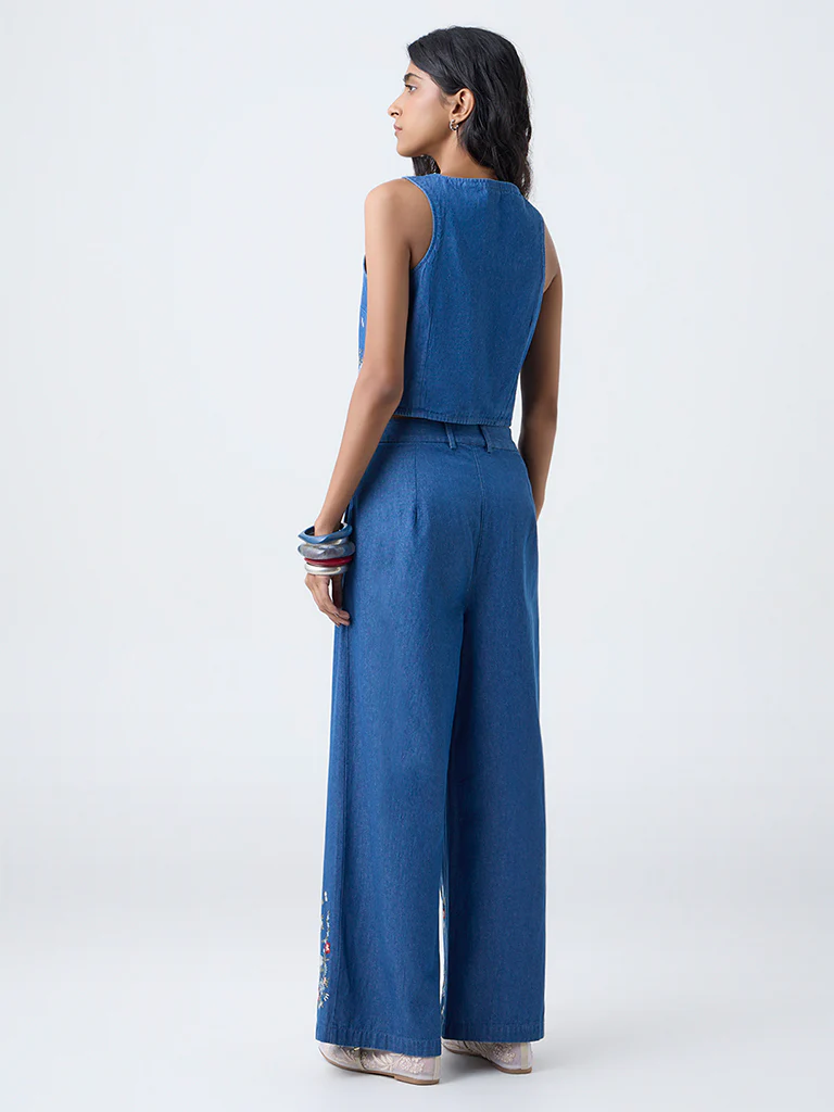 Bombay Paisley Blue Embroidered High-Rise Denim Pants - Image 4