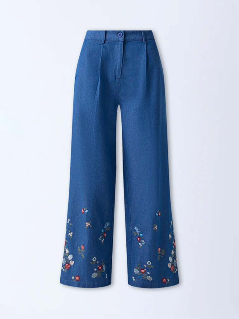 Bombay Paisley Blue Embroidered High-Rise Denim Pants - Image 5