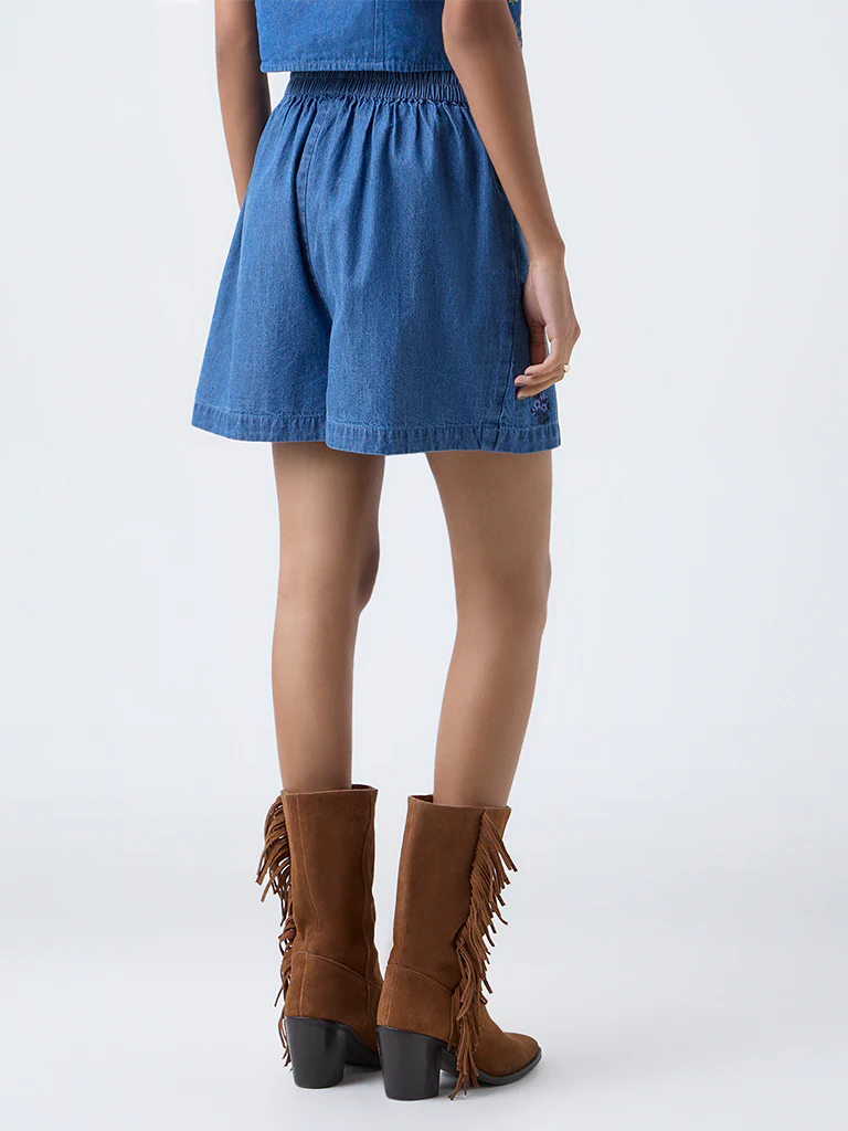 Bombay Paisley Blue Embroidered High-Rise Denim Skorts - Image 4