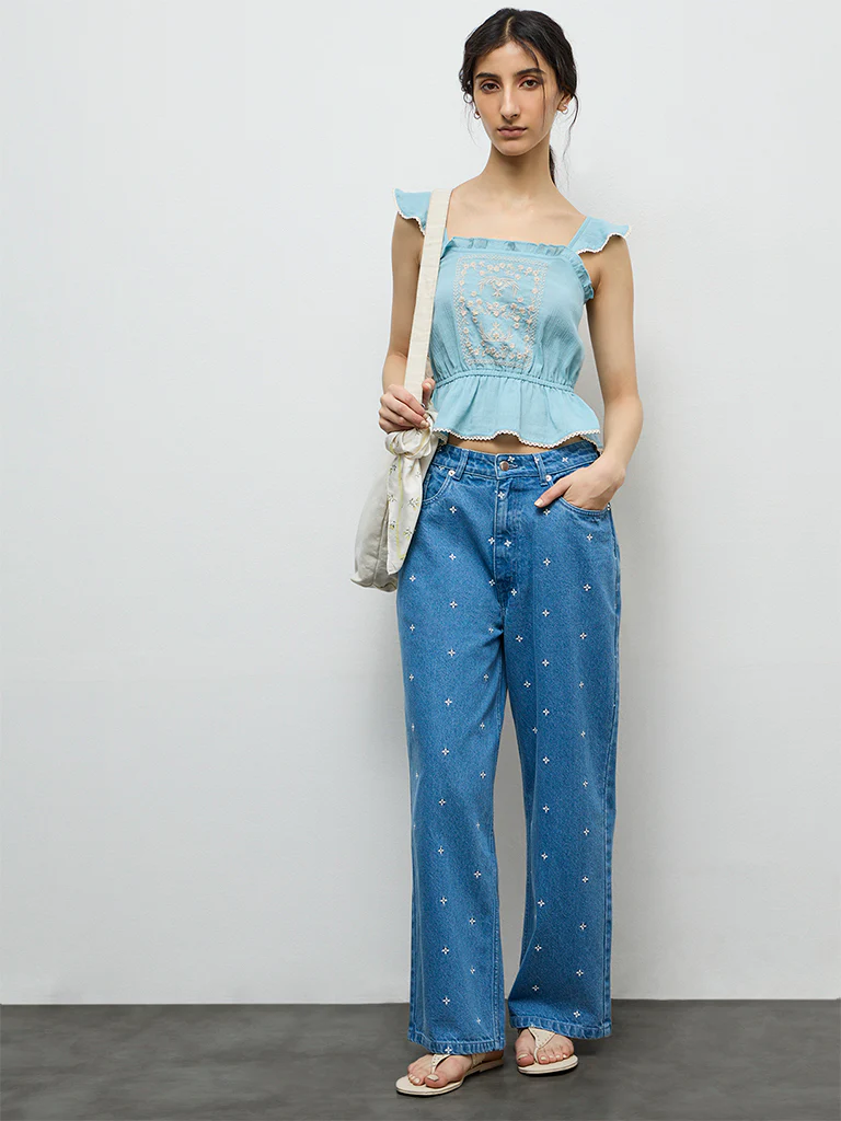 Bombay Paisley Blue Embroidered High-Rise Jeans