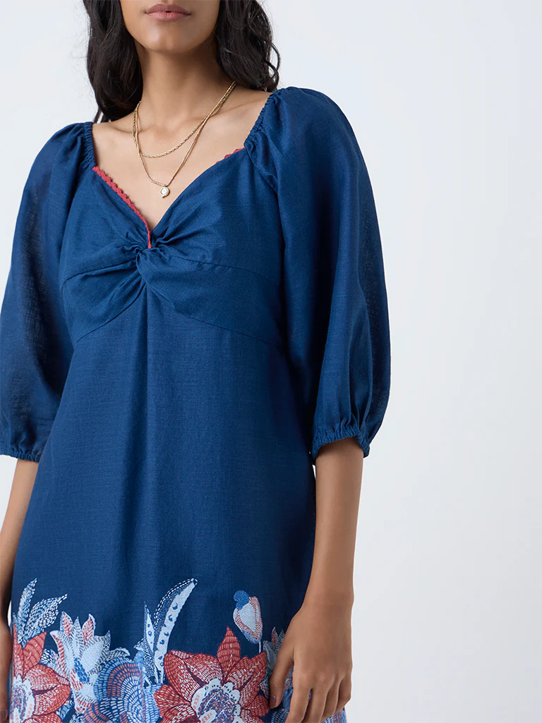 Bombay Paisley Blue Floral Cotton A-Line Dress - Image 3