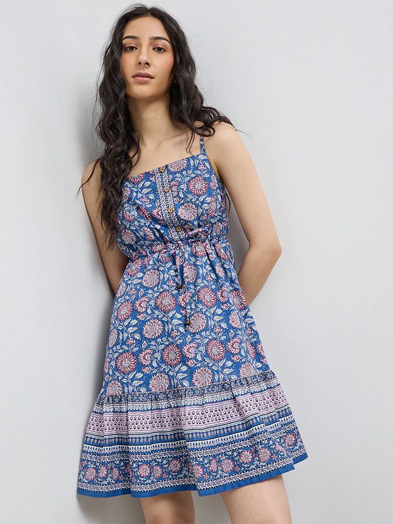 Bombay Paisley Blue Floral Cotton A-Line Dress - Image 2