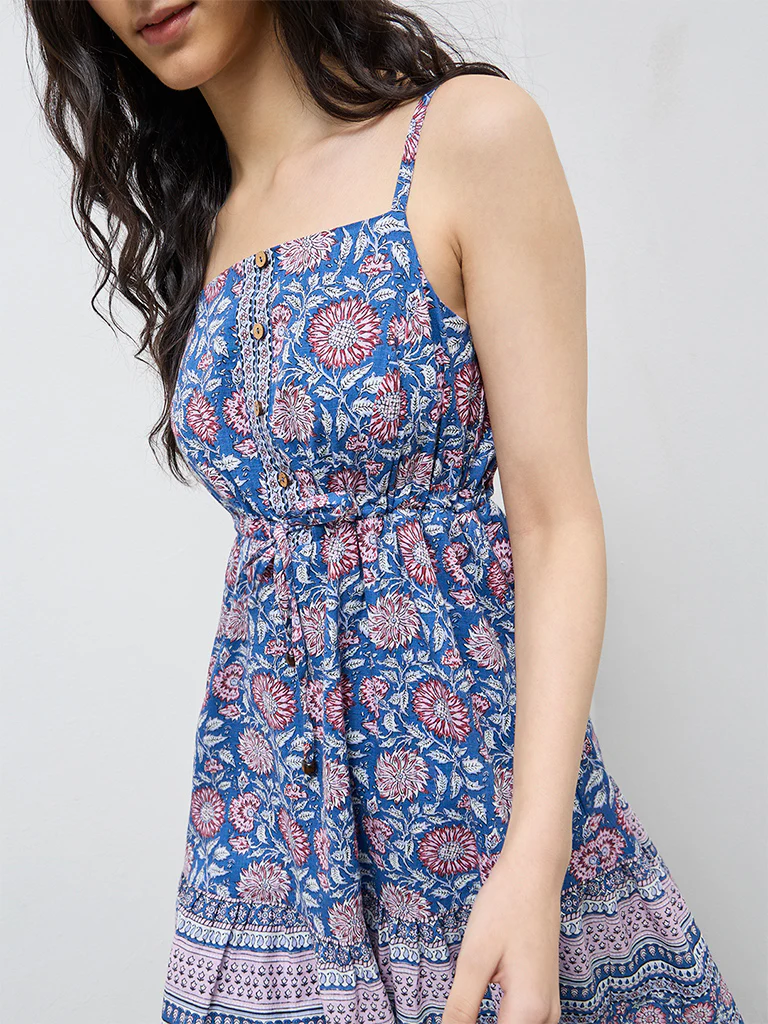 Bombay Paisley Blue Floral Cotton A-Line Dress - Image 3