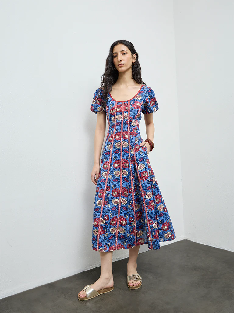 Bombay Paisley Blue Floral Cotton-Blend A-Line Dress - Image 2