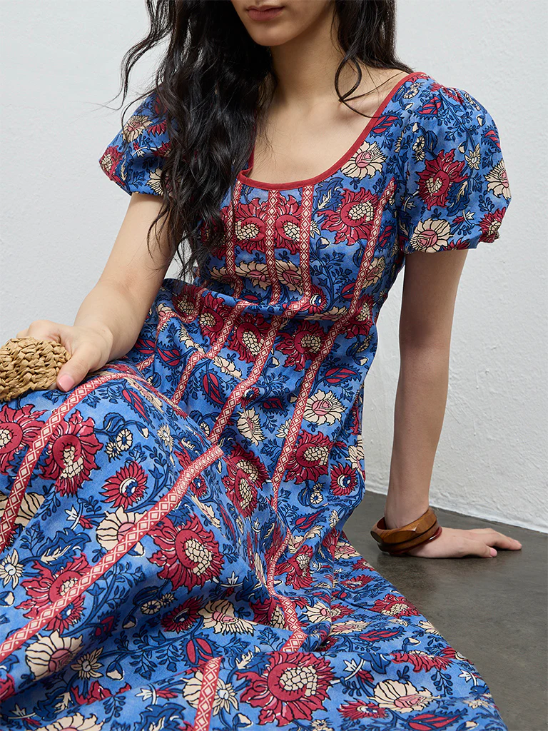 Bombay Paisley Blue Floral Cotton-Blend A-Line Dress - Image 3