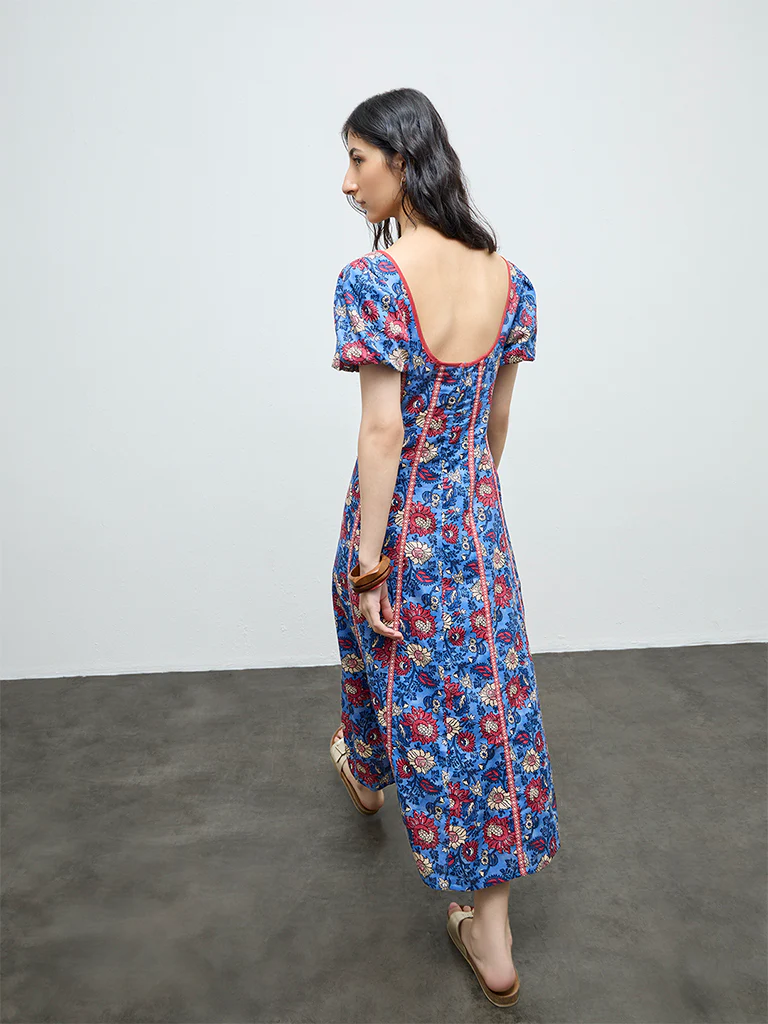 Bombay Paisley Blue Floral Cotton-Blend A-Line Dress - Image 4