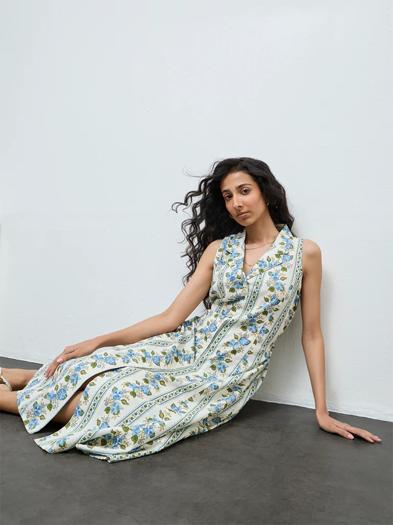 Bombay Paisley Blue Floral Cotton-Blend Shirt Dress