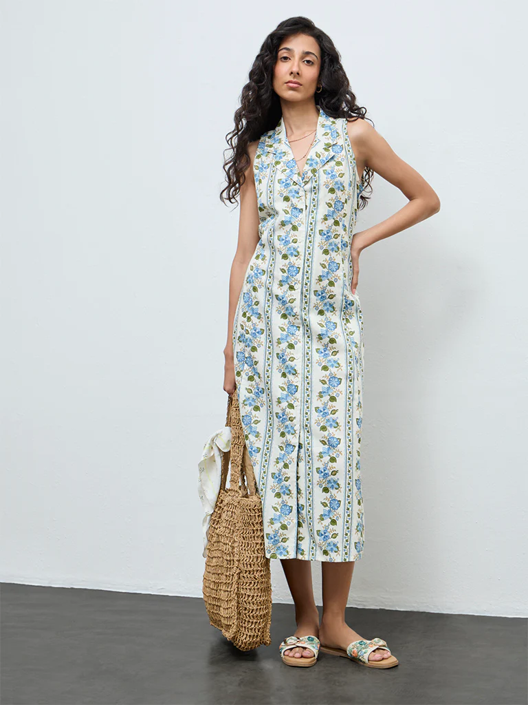 Bombay Paisley Blue Floral Cotton-Blend Shirt Dress - Image 2