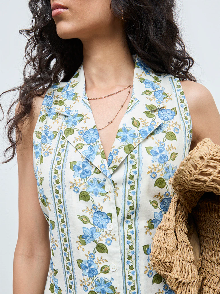 Bombay Paisley Blue Floral Cotton-Blend Shirt Dress - Image 3