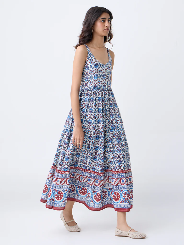 Bombay Paisley Blue Floral Cotton Tiered Dress - Image 2