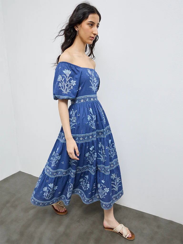 Bombay Paisley Blue Floral Cotton Tiered Dress - Image 2