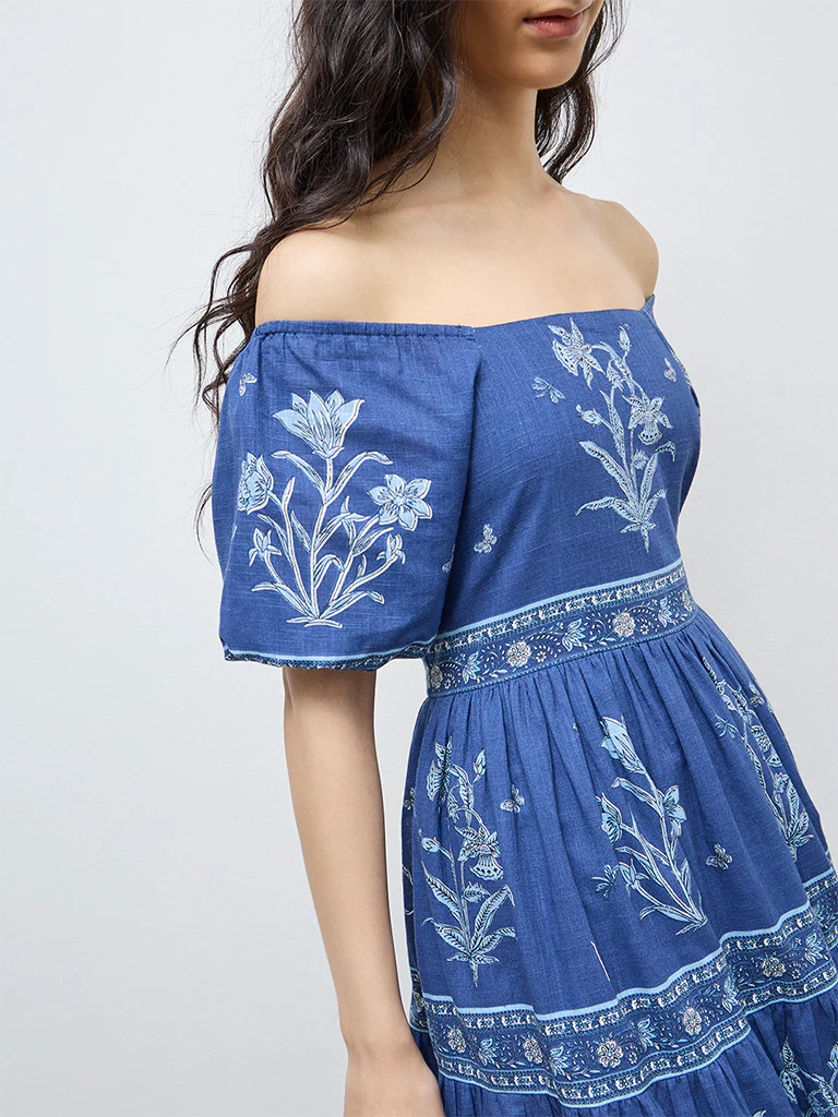 Bombay Paisley Blue Floral Cotton Tiered Dress - Image 3