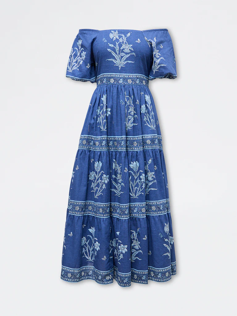 Bombay Paisley Blue Floral Cotton Tiered Dress - Image 5