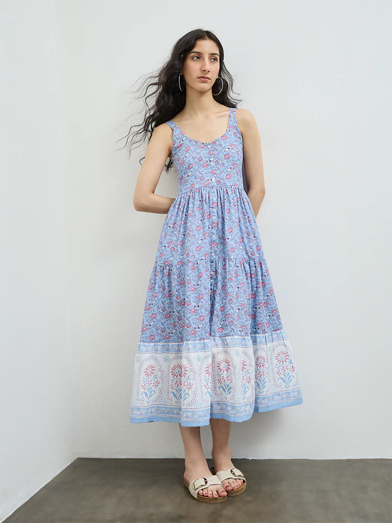 Bombay Paisley Blue Floral Cotton Tiered Dress - Image 2