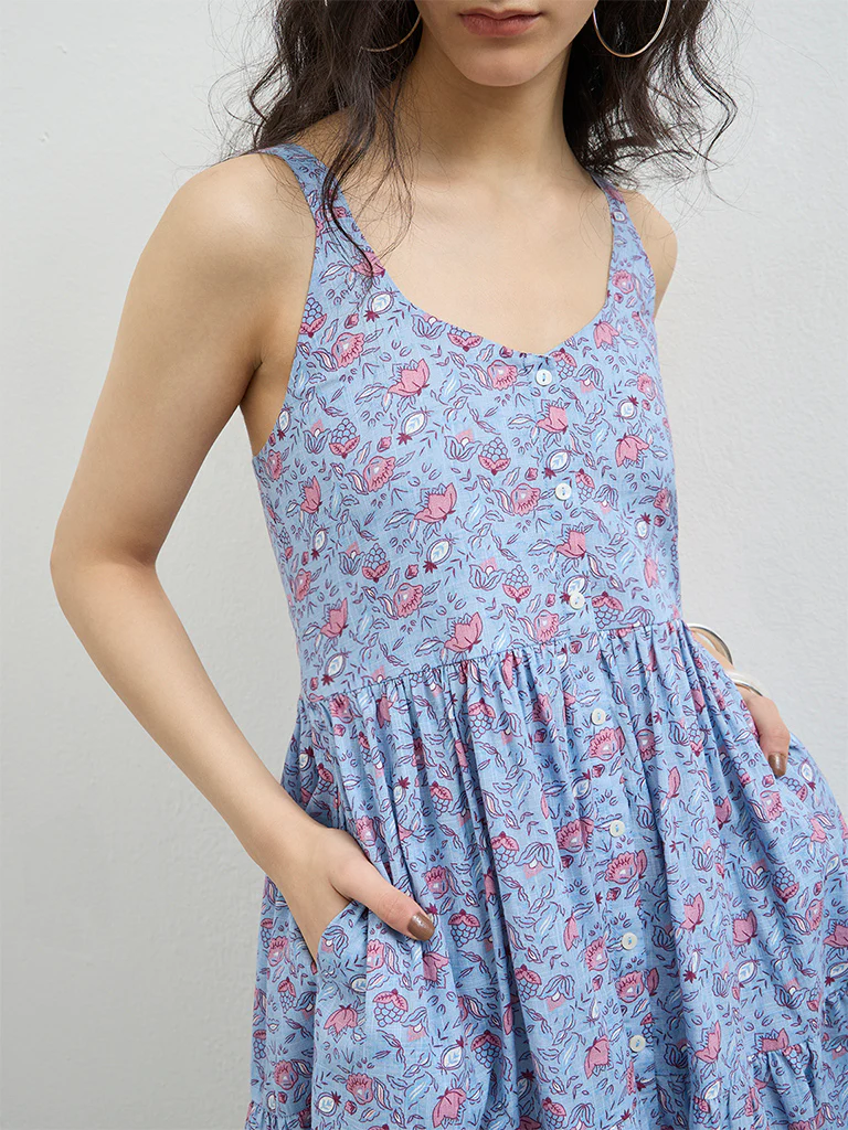 Bombay Paisley Blue Floral Cotton Tiered Dress - Image 3